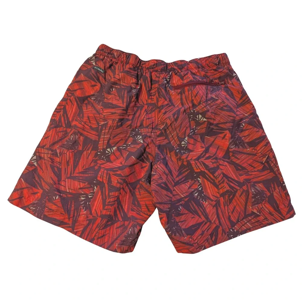 Columbia Omni-Shade Mens Medium Red Tropical Leaf Print Belted Outdoor Shorts
